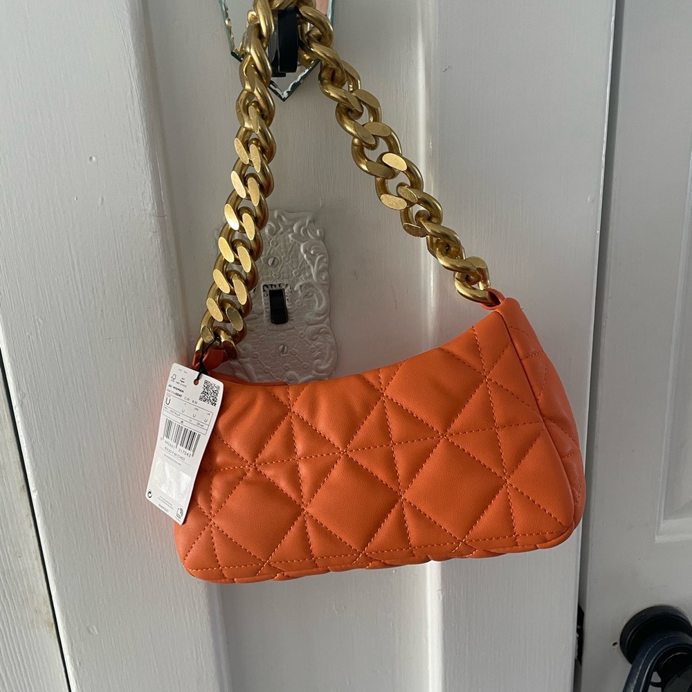 Mango Orange Quilted Baguette Purse with Gold Chain - Picture 8 of 16